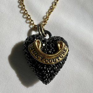 Y2K Juicy Couture Black Heart Rhinestone Pendant Gold Tone Chain Necklace